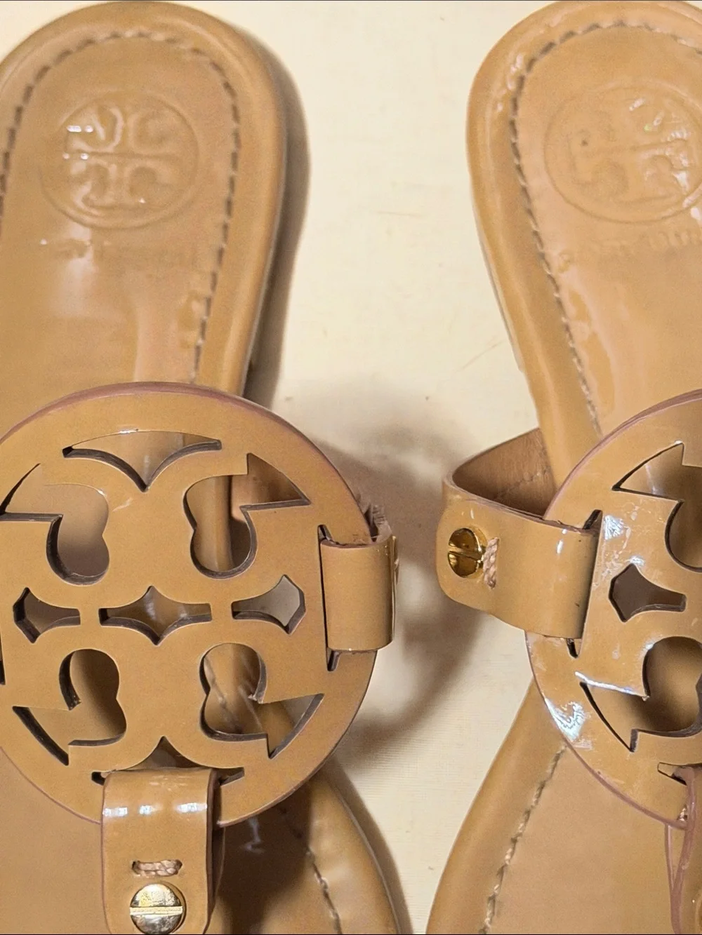 Tory Burch Sand Patent Leather Miller Thong Sandals